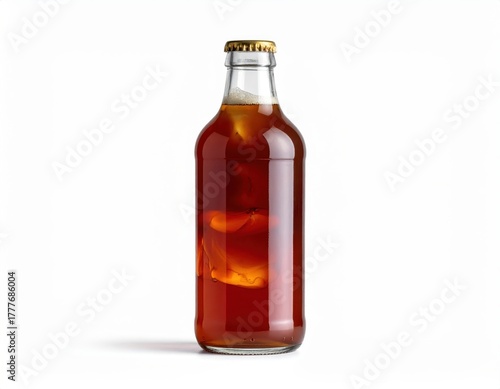 A clear glass bottle filled with iced tea and a lemon slice, isolated on a white background, ideal for beverage and lifestyle themes.
