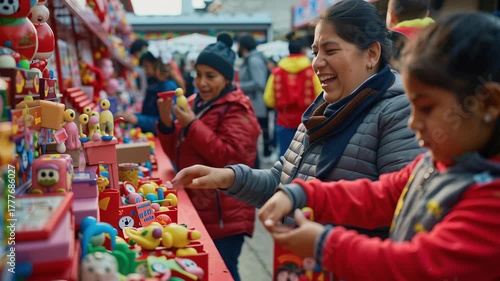 Joyful volunteers arrange toys at market stall, colorful figurine display, community charity donation drive, helping hands, winter outdoor giving