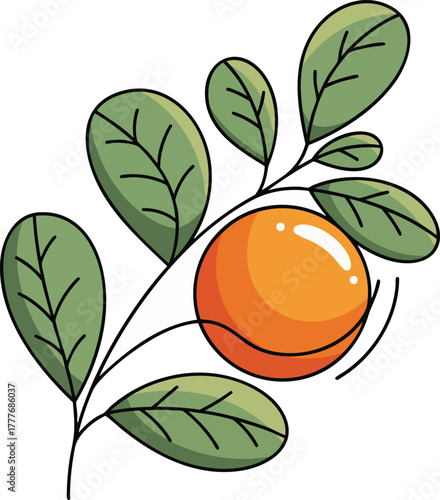 Vibrant cartoon illustration of an orange fruit ripening on a branch with bright green leaves, perfect for health and diet design