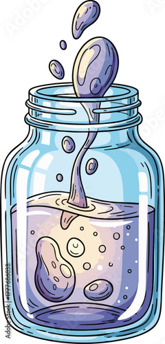 Vibrant cartoon illustration of purple liquid pouring into a clear glass jar, creating bubbles and motion inside