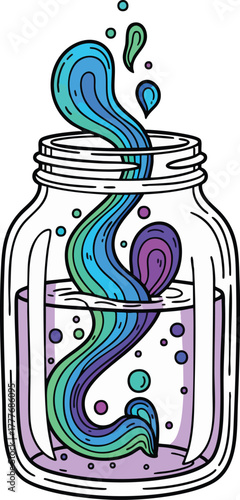 Vibrant, psychedelic liquid stream pours into a glass jar, creating a mesmerizing and abstract colorful flow inside a purple solution