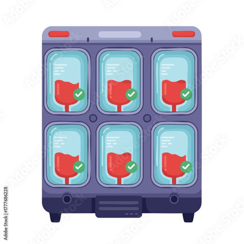 Secure medical storage unit showcasing multiple verified blood plasma collection bags for hospital transfusions and diagnostic testing requirements