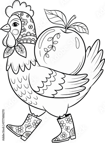 Whimsical black and white outline drawing of a cartoon hen wearing a headscarf and floral boots, carrying a large apple