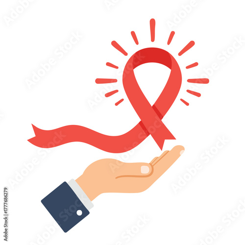 A symbolic red ribbon of support and awareness held by a caring hand in a bright and hopeful graphic representation