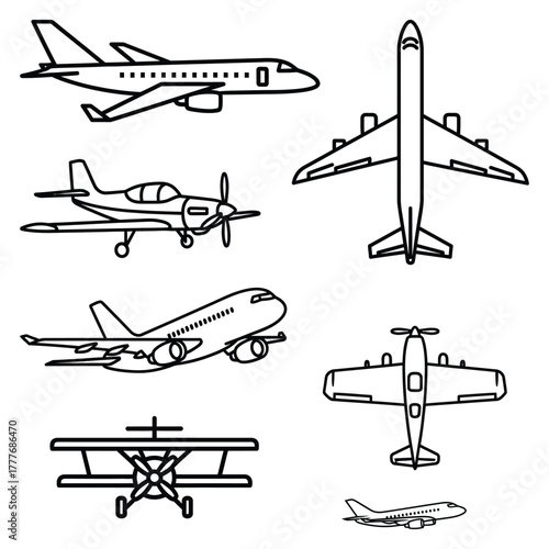 Collection of various airplane line drawings