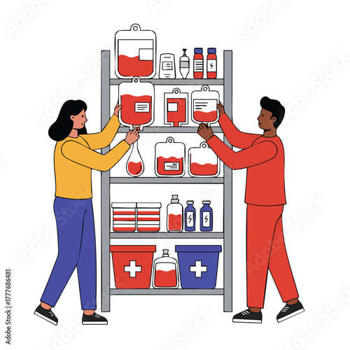 Dedicated volunteers carefully stocking essential medical resources and vital blood supplies in a well-organized healthcare facility storage area