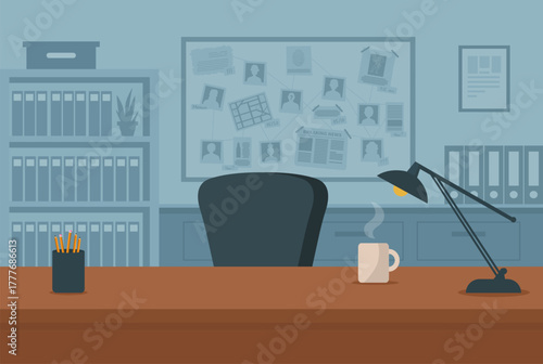 Empty detective office interior with investigation board. Cartoon interior of detectives room with desk, board on wall and elements of investigation. Detective workplace. Vector stock