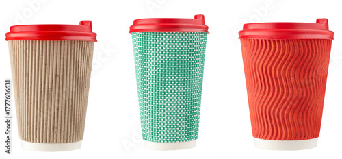 Paper coffee cups with red lids isolated on white background. File Contains Clipping Path.