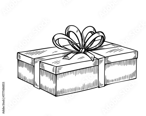 Gift vector illustration of box with ribbon and bow. Linear drawing of vintage present for Christmas or Birthday greeting cards and invitations. Etching of parcel painted by black inks.