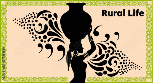 Silhouette of a woman carrying a pot on her head depicting rural life artwork
