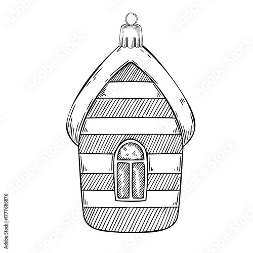 Ornament vector illustration with a house shaped Christmas decoration and snow covered roof. Linear drawing of glass element for vintage festive compositions and winter design painted by black inks.