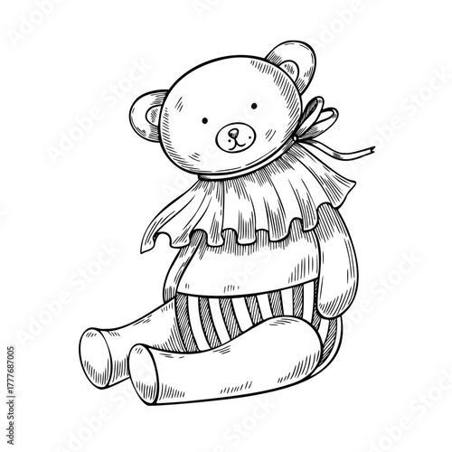Teddy vector illustration of a vintage Bear Toy with collar and bow. Linear drawing of animal for Baby for nostalgic childhood Christmas greeting cards or Xmas invitations. Etching for children.