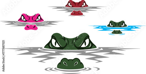 Group of colorful cartoon crocodiles lurking in water with menacing eyes staring out