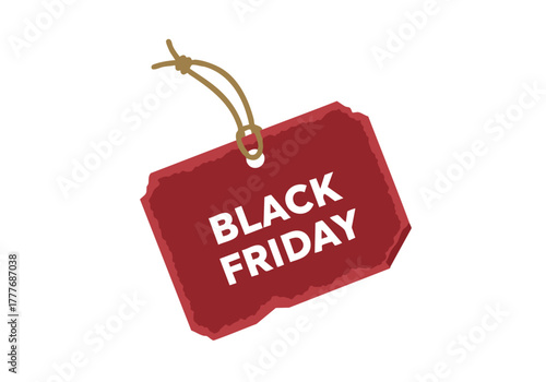 Vibrant red shopping tag announces special Black Friday discounts promoting seasonal retail offers and promotional deals