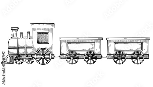 Train vector illustration with wagons in engraving style. Linear drawing of retro Locomotive for nostalgic childish Christmas greeting cards. Etching of vintage Baby Toy for New Year invitations.