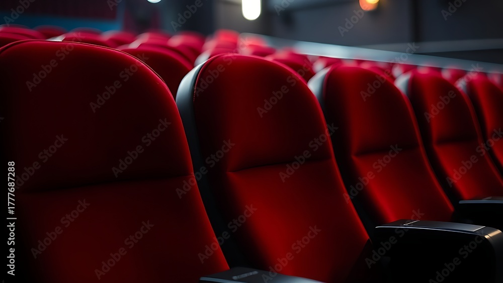 Obraz premium A cozy red velvet movie theater seat, dimly lit with a blurred background of the theater.