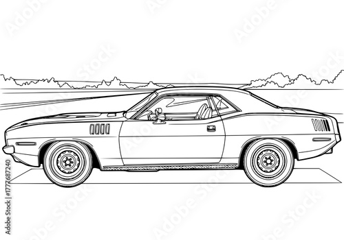 A detailed black and white line drawing of a classic American muscle car parked on a road.
