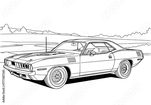 Detailed line art drawing of a classic American muscle car, a 1970s two-door coupe, presented as a coloring page outline.