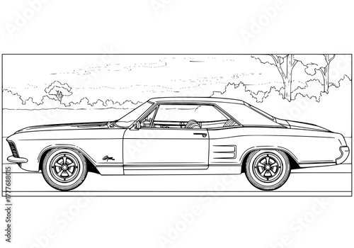 A detailed black and white line drawing of a classic American muscle car parked on a road with trees in the background.