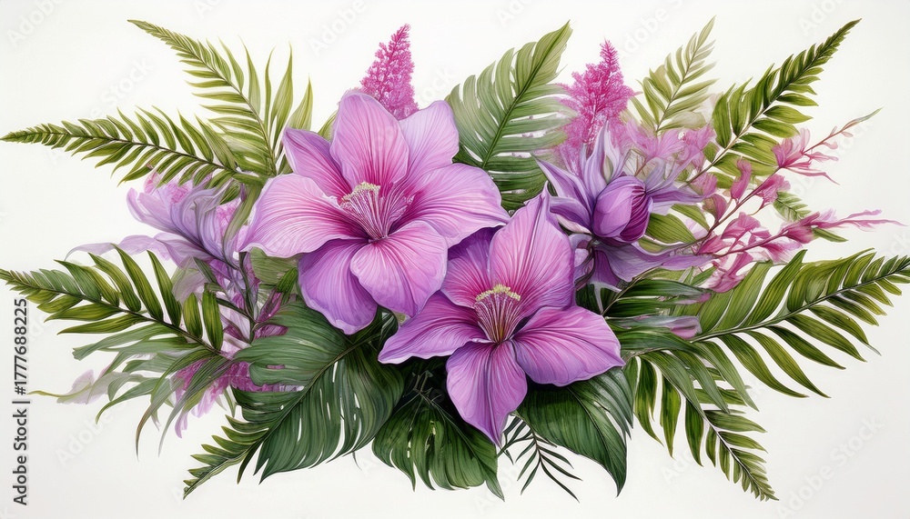 Obraz premium cluster of layered purple and pink tropical flowers with green fern leaves on a white background in digital botanical artwork generative ai