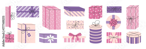 Gift boxes collection. Elegant pastel presents set with ribbons and patterns. Vector illustration.