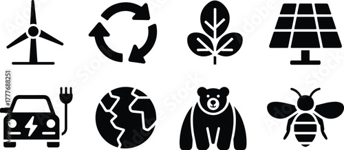 Ecology and Conservation Vector Icon Set - Environment Sustainability and Wildlife Glyphs