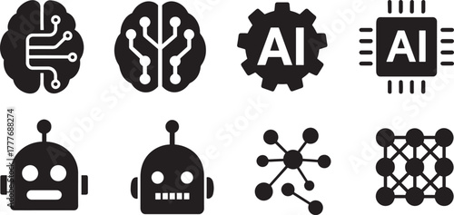 Machine Learning Icon Set silhouette vector with AI, brain, and algorithm symbols in bold style.