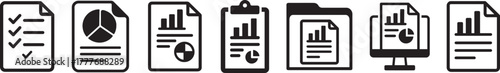 Report Icon Set silhouette vector with document, chart, and analytics symbols in bold style.