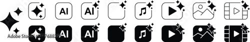 AI generator icon set, sparkle magic wand symbols, artificial intelligence interface buttons, app design collection, creative technology group, modern flat and line vector illustration pack