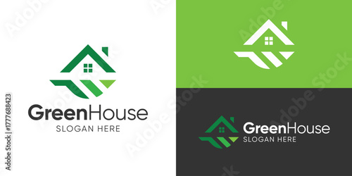 Creative simple green house logo template. Abstract leaf with home roofing logo design vector illustration.