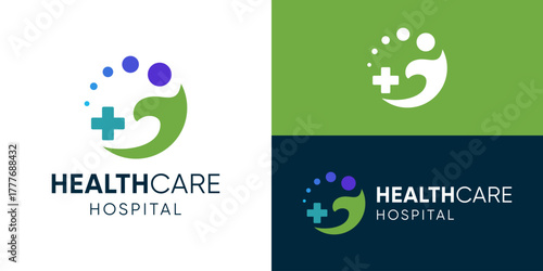 Creative simple healthcare hospital logo template. Abstract hand or people and medical symbol for people care logo design vector illustration.