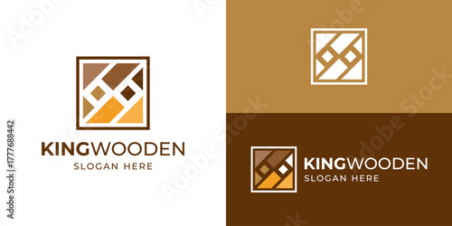 Creative simple king wooden logo template. Abstract crown with wood flooring logo design vector illustration.