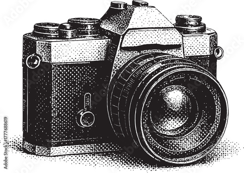 Halftone Retro Film Camera Illustration Black and White 