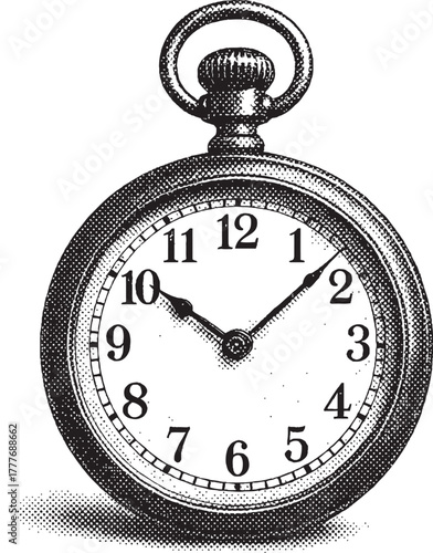 Halftone Pocket Watch Illustration Black and White