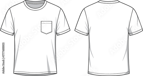 Basic short sleeve T-shirt, front and back view, chest pocket, fashion sketch, apparel design, garment template, technical drawing, vector illustration