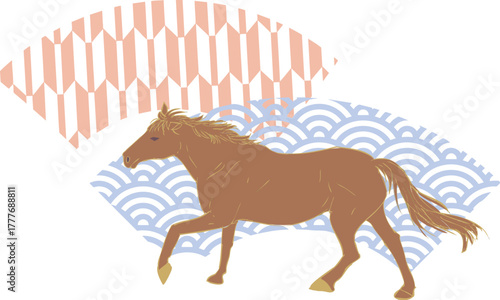 タイトル	走る馬のシルエットと扇・年賀状用素材