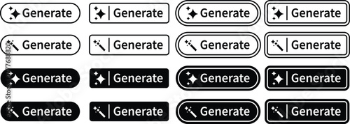 AI generate button icon set, magic wand and sparkle symbols collection, artificial intelligence interface elements group, modern flat and line vector design pack for app, web and ui ux graphics
