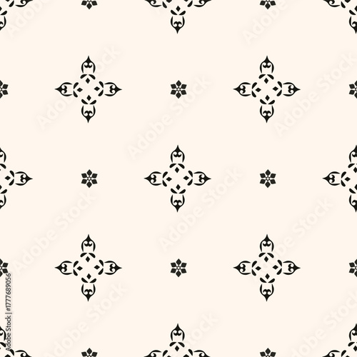 Vector geometric floral pattern. Ornamental seamless texture in traditional ethnic style. Abstract monochrome ornament with flower shapes.