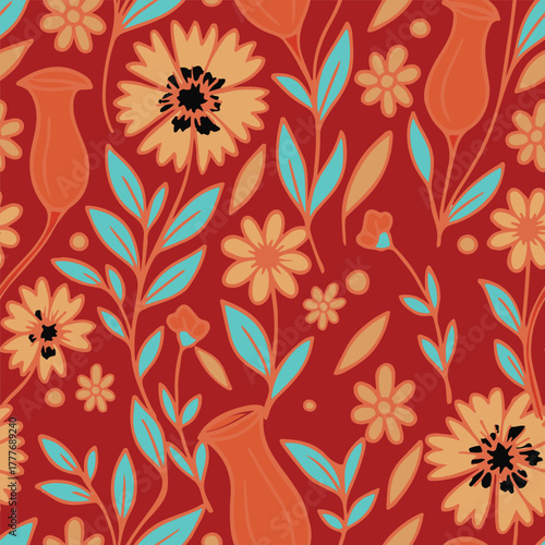 Bold retro floral seamless pattern featuring orange flowers and aqua leaves on a rich red background, perfect for fabric, wallpaper, and decor.