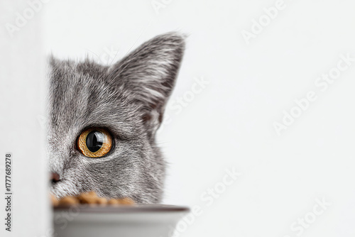 Grey cat peeps out of the corner, animal emotions, looks at bowl of food, on a white background, concept. Copy space.