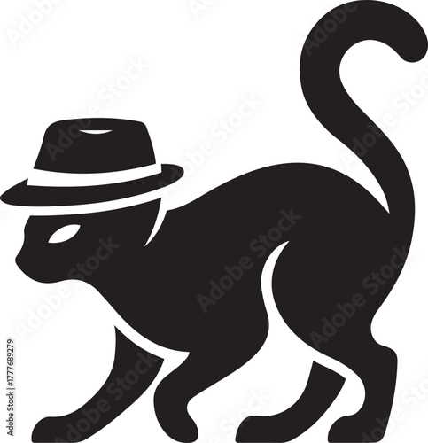 Black cat wearing a fedora hat silhouette feline animal, Stylish black cat silhouette wearing a hat design