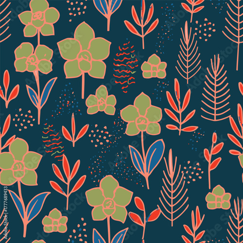 Modern abstract orchid floral seamless pattern in coral, green, and blue tones on a dark background, perfect for fabric, wallpaper, and decor.