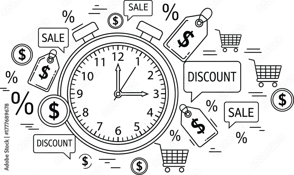 Obraz premium A timer surrounded by sale, discount, percentage, dollar sign, and shopping cart icons on white background