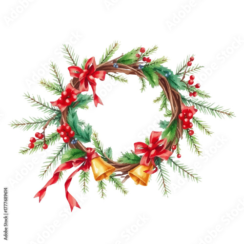 Watercolor Christmas wreath with fir branches, red poinsettia flower with holly leaves, berries and ribbon. Stylish handmade design for holiday cards, invitations, seasonal designs and branding. Festi