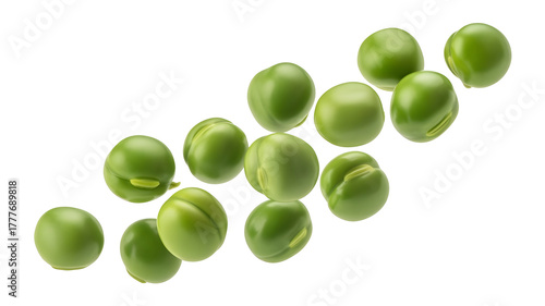 Fresh green peas arranged diagonally on a transparent background, isolated on transparent background