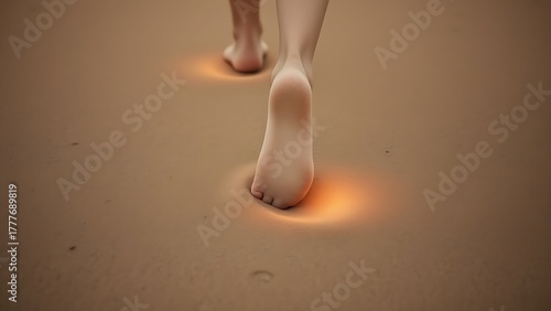 A single footprint on a sandy path with a soft, golden glow emanating from the heel area, symbolizing a gentle gait.