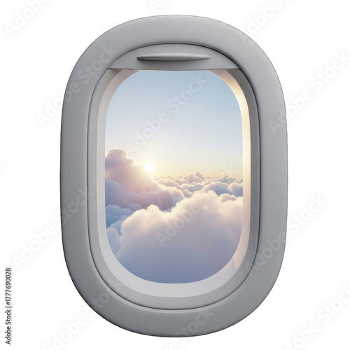 Airplane window view of sunlit clouds at sunrise image