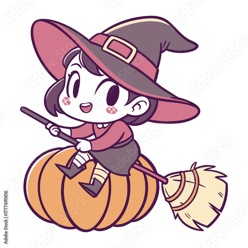 A cute happy cartoon animal character illustration of a funny Halloween witch with a broom and a pumpkin as a smiling vector art drawing isolated on white