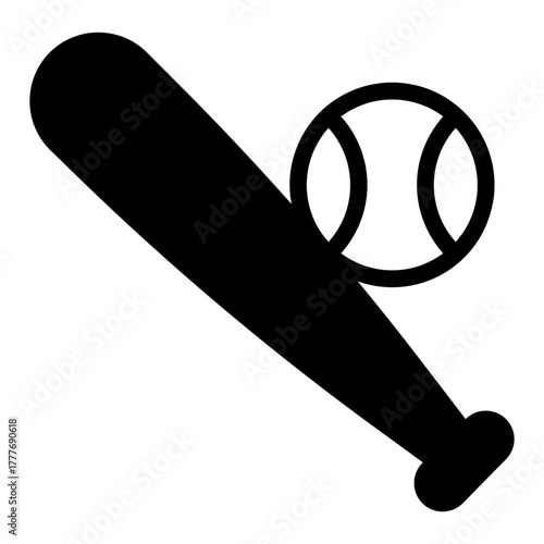 Baseball ball with bat solid icon, baseball game concept. Vector graphics. Bat and ball, sport attribute sign on white background, style icon mobile or web design.