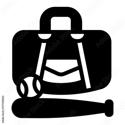Sport bag with bat and ball solid icon, baseball game concept. Vector graphics. Baseball player accessory, sport sign on white background, style icon mobile or web design.